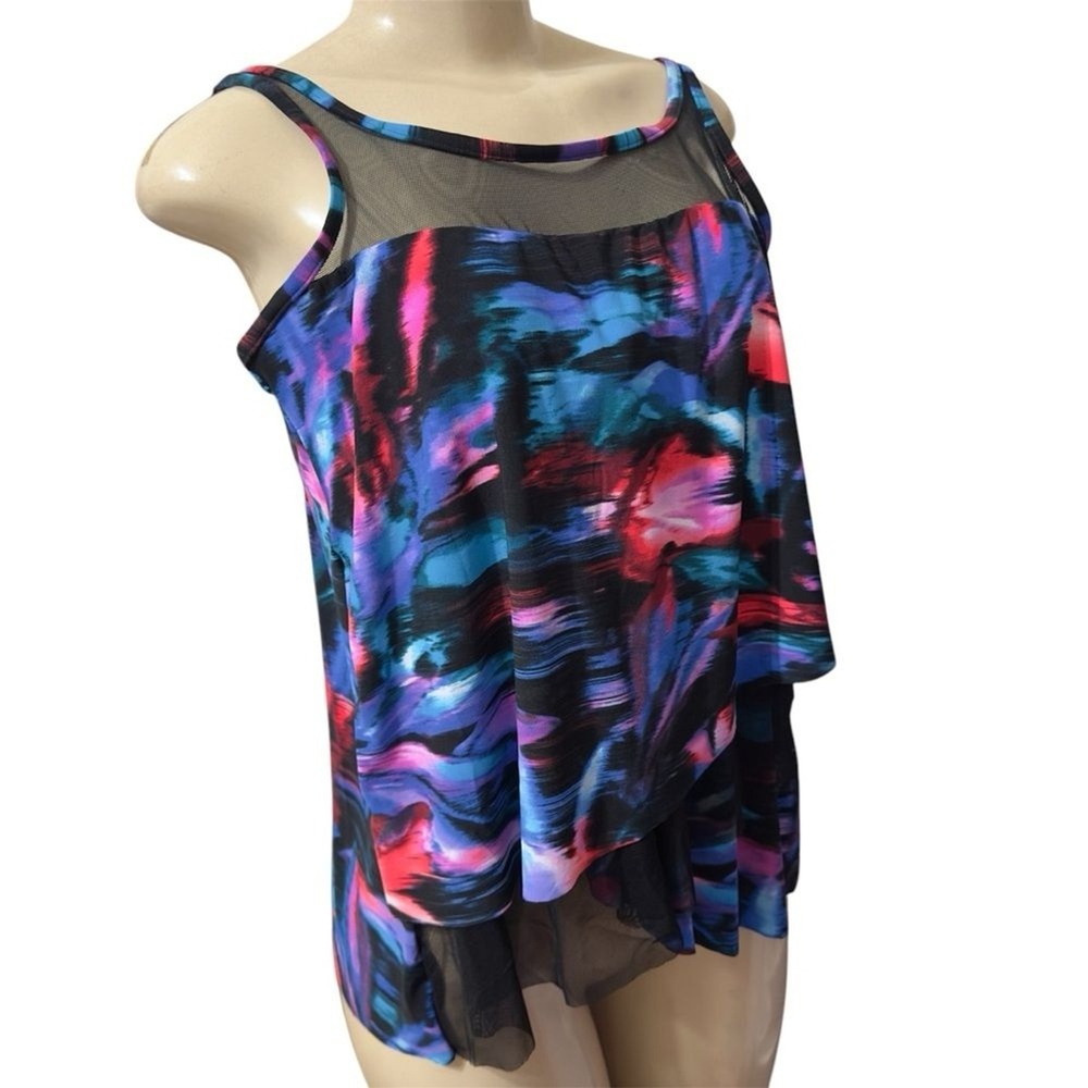 Miraclesuit Mirage Tankini Top Women 10 Multicolor Abstract Mesh Tiered Slimming
